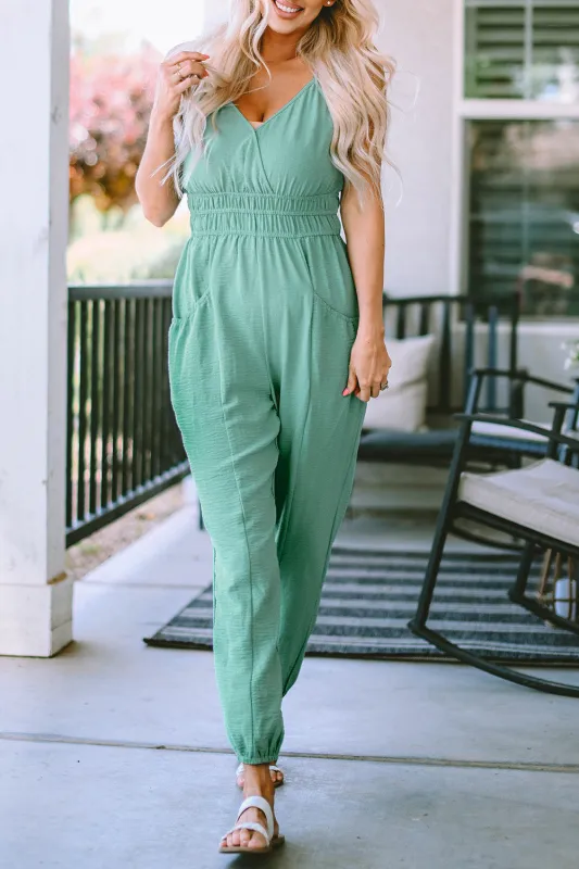 Analia Shirred High Waist Sleeveless V Neck Jumpsuit by Threaded Pear sold by Zulily