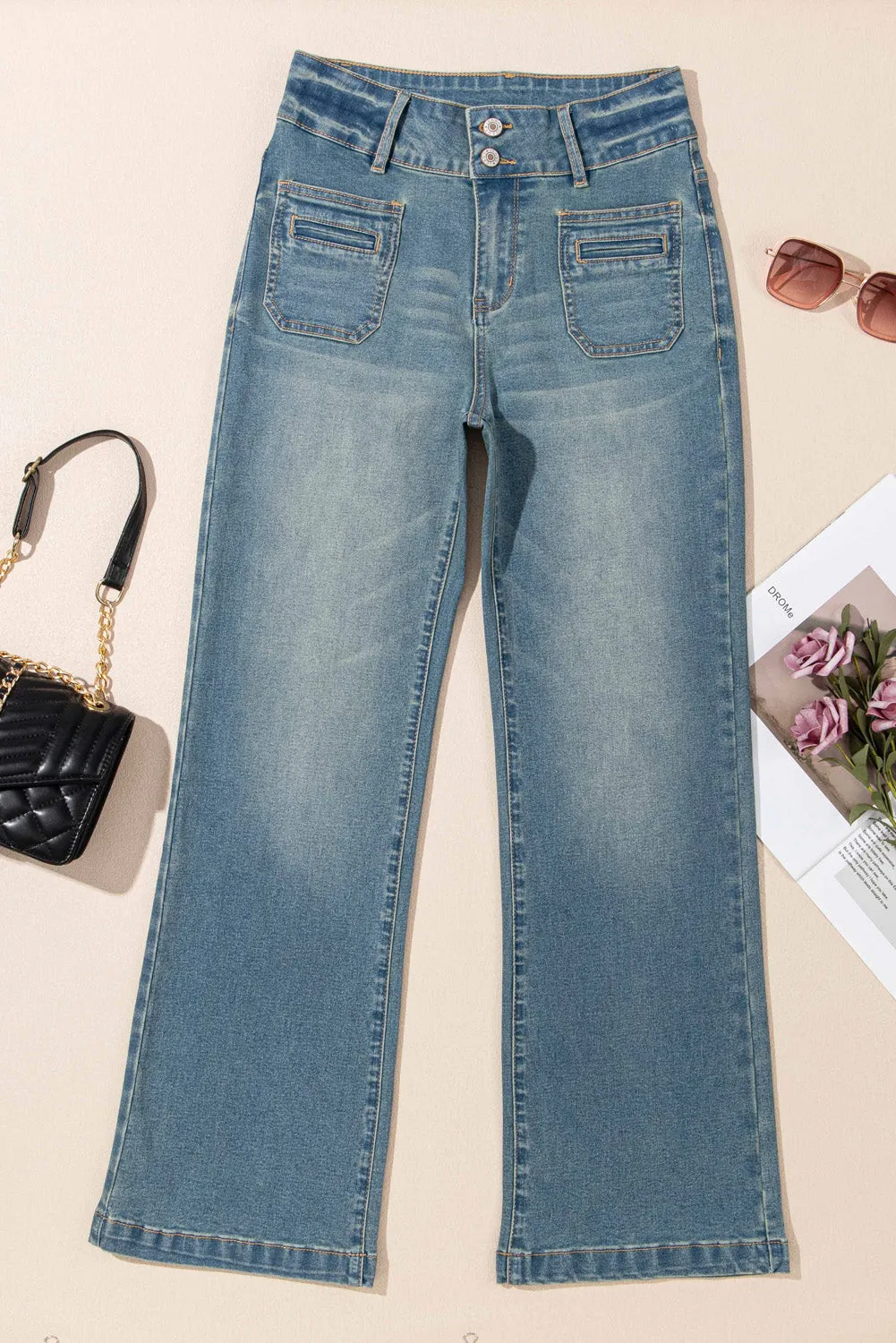 Amyra Double Button Patch Pocket Flare Leg Jeans by Threaded Pear sold by Zulily product image thumbnail 4