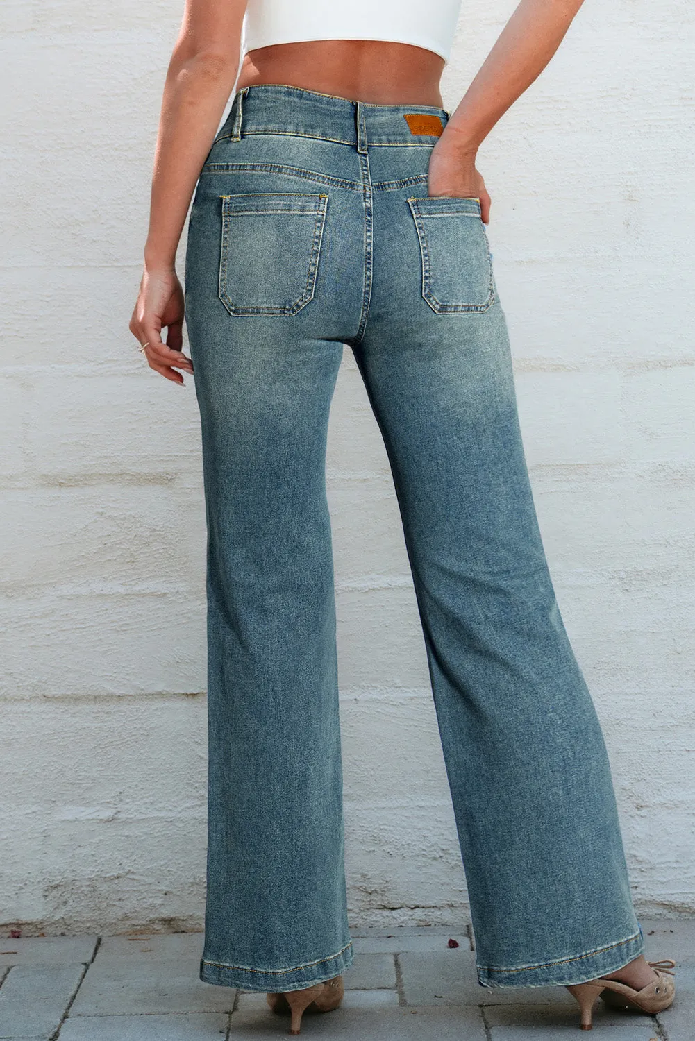 Amyra Double Button Patch Pocket Flare Leg Jeans by Threaded Pear sold by Zulily product image thumbnail 2