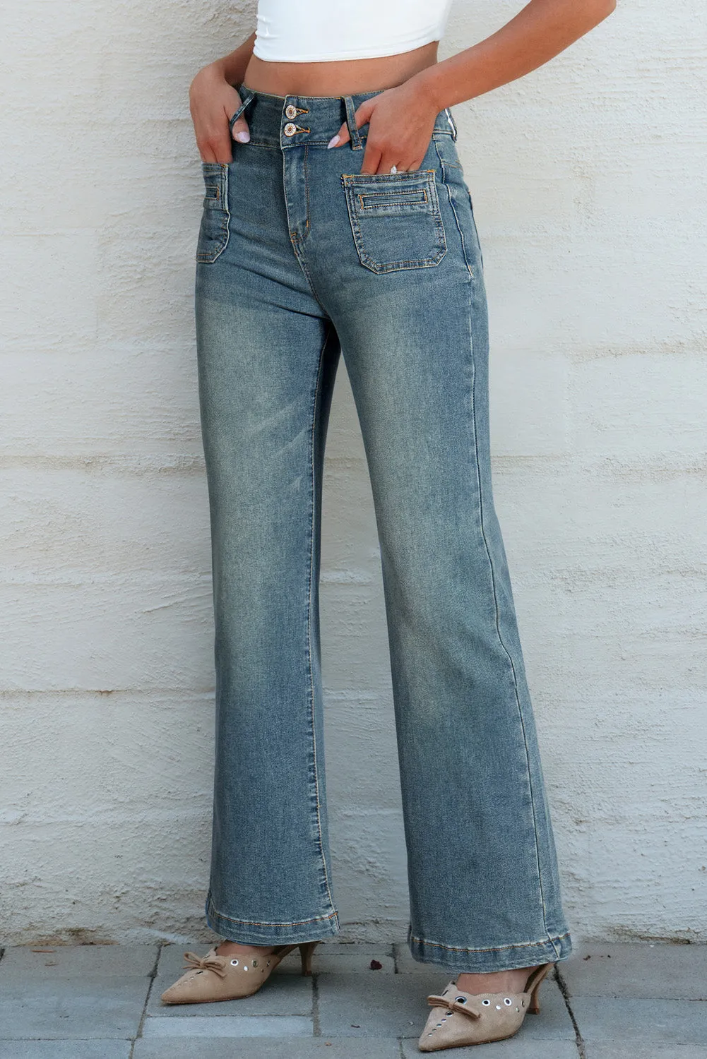 Amyra Double Button Patch Pocket Flare Leg Jeans by Threaded Pear sold by Zulily