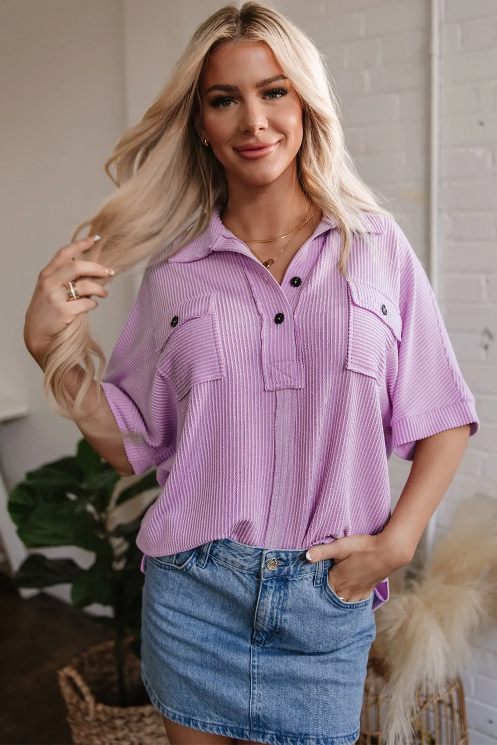 Kyla Flap Pocket Collared Buttoned Short Sleeve Blouse by Threaded Pear sold by Zulily product image thumbnail 5