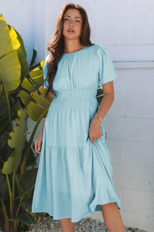 Lara Puff Sleeve Pleated High Waist Midi Dress by Threaded Pear sold by Zulily