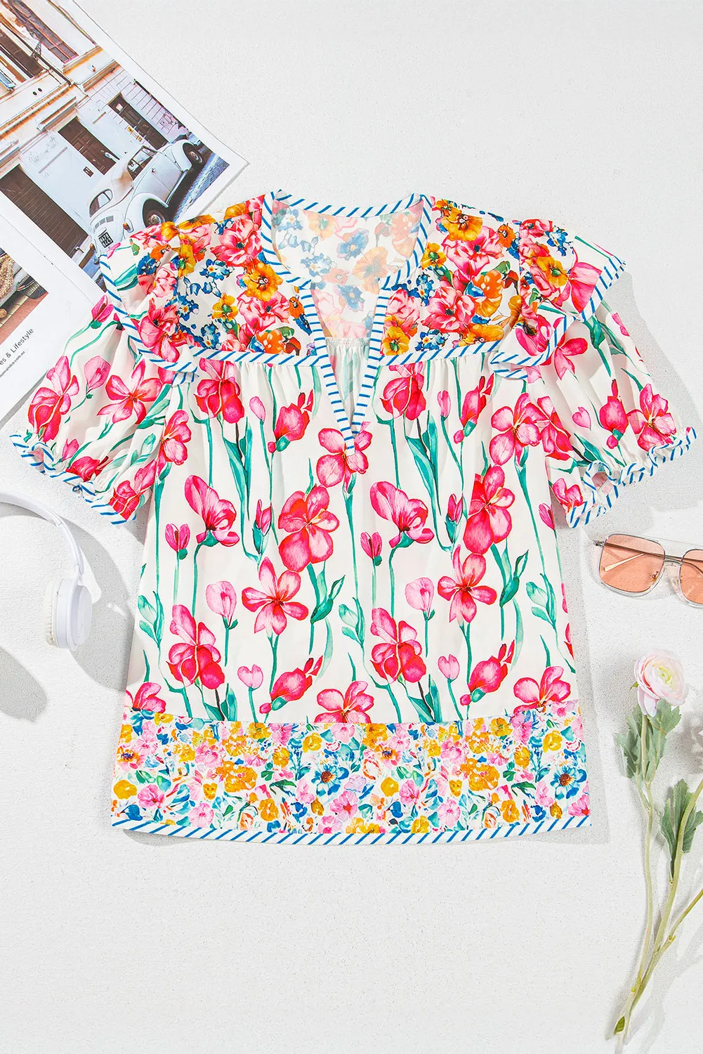 Greta Floral Split Neck Short Sleeve Blouse by Threaded Pear sold by Zulily product image thumbnail 4