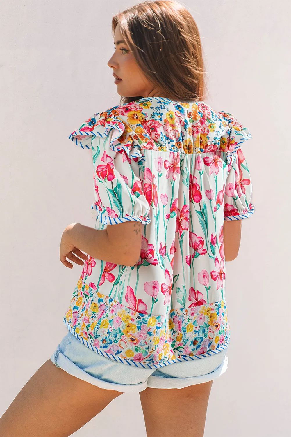 Greta Floral Split Neck Short Sleeve Blouse by Threaded Pear sold by Zulily product image thumbnail 2