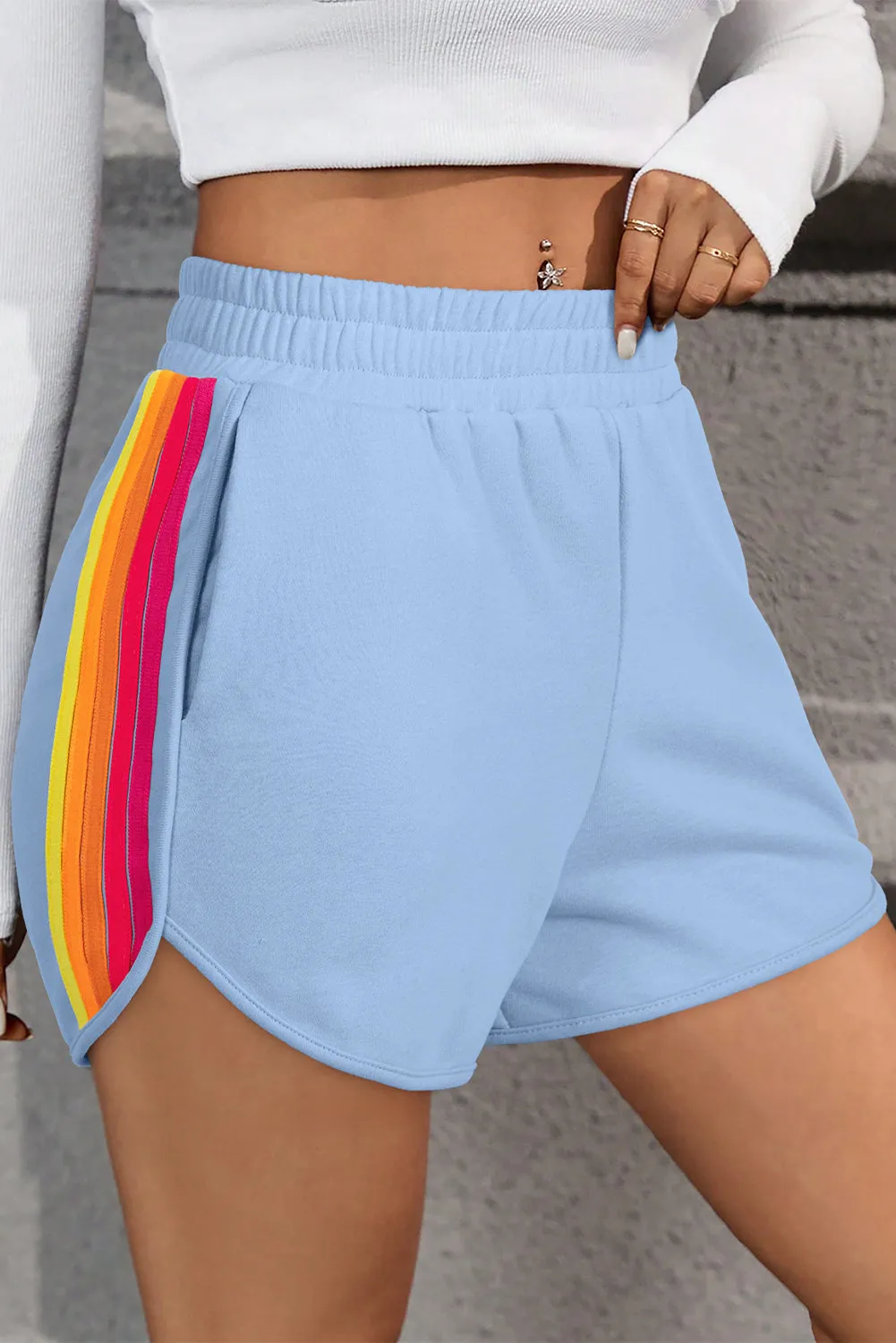 April Color Stripes Elastic High Waist Active Shorts by Threaded Pear sold by Zulily