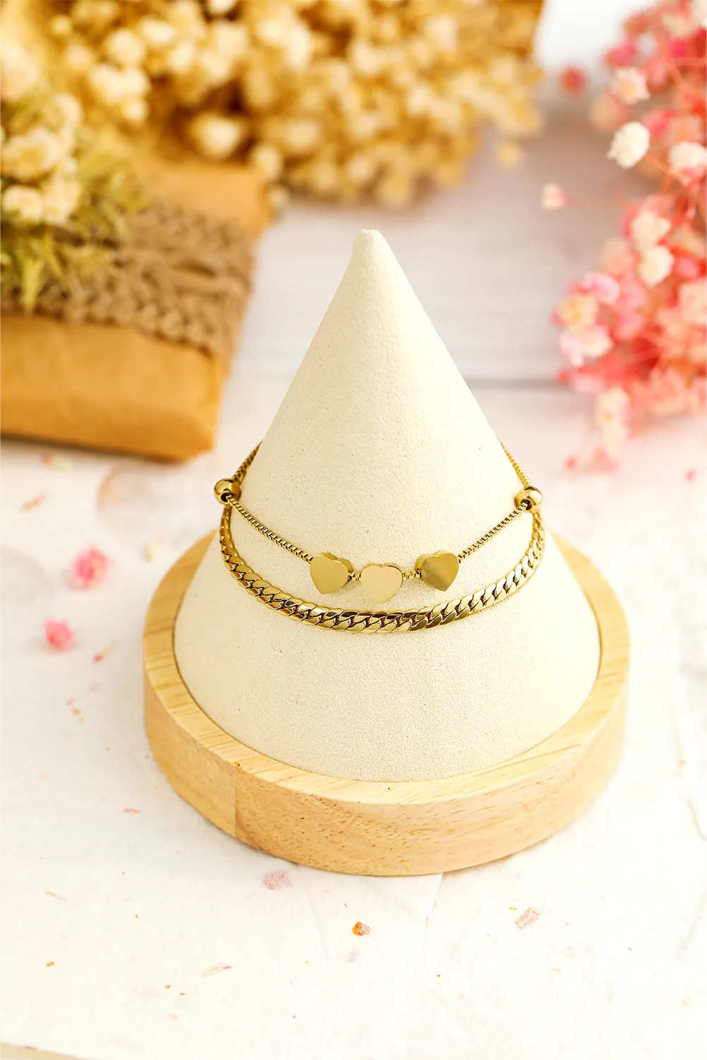 Gold Triple Heart Double Layer Adjustable Chain Bracelet by Threaded Pear sold by Zulily product image thumbnail 4