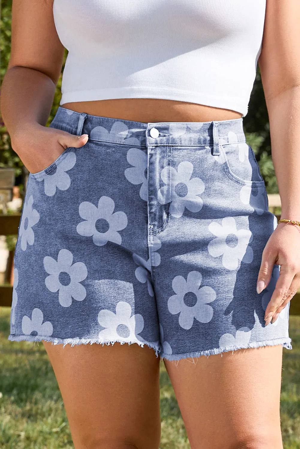 Shiloh Plus Size Floral Pattern Denim Shorts by Threaded Pear sold by Zulily product image thumbnail 4