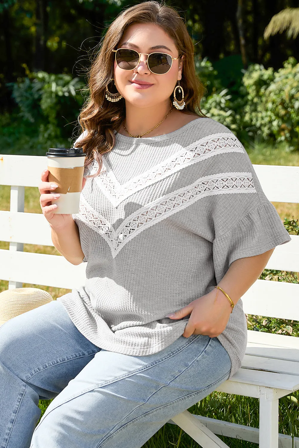 Rory Plus Size Lace Insert Waffle Ruffle Top by Threaded Pear sold by Zulily product image thumbnail 3