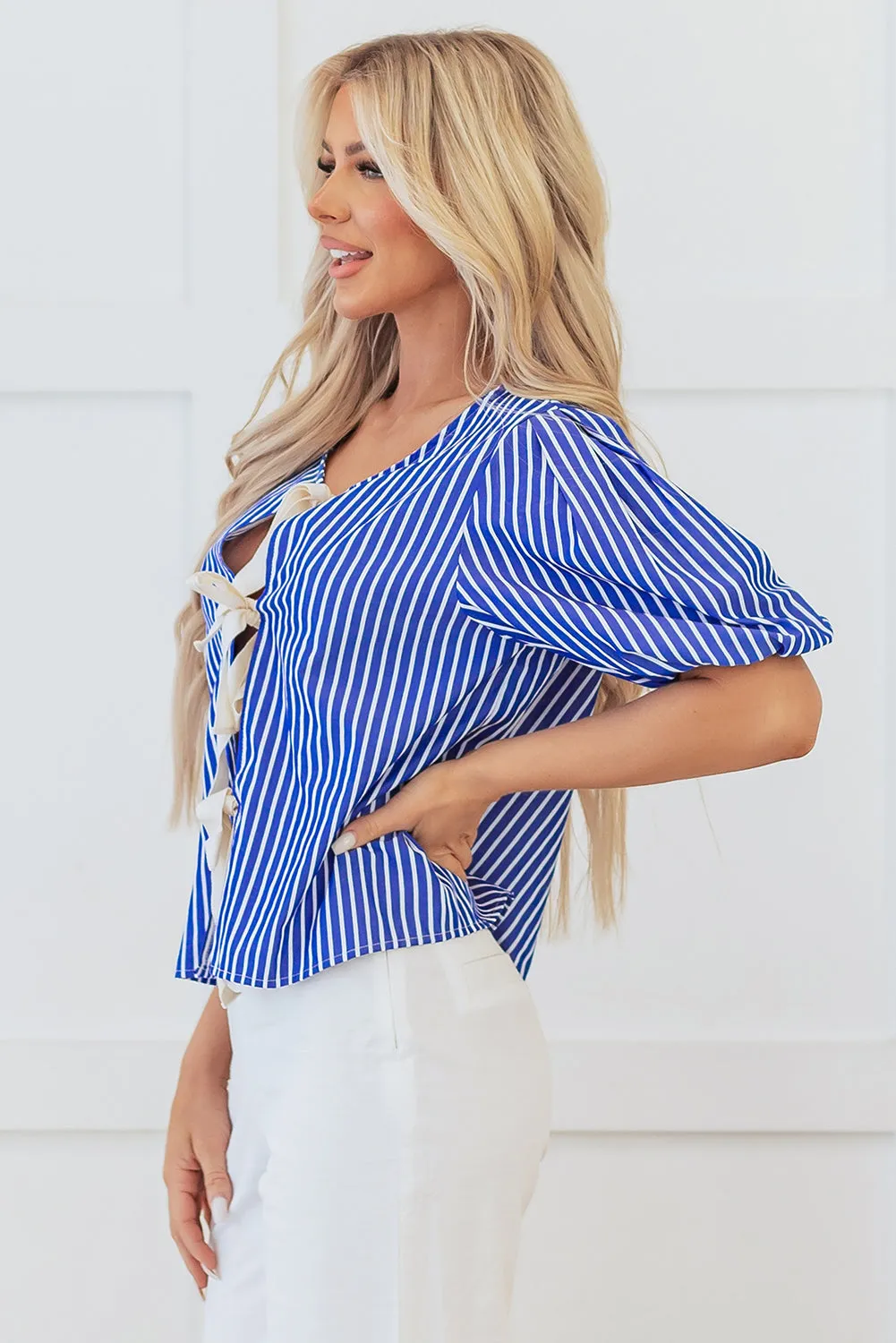 Dream Stripe Tied Front Blouse by Threaded Pear sold by Zulily product image thumbnail 3