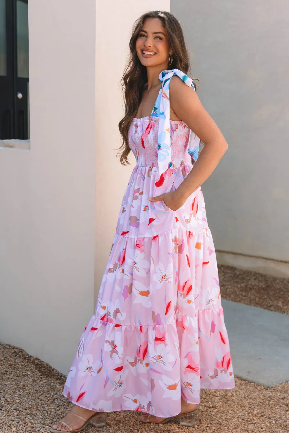 Flora Floral Knotted Shoulder Smocked Maxi Dress by Threaded Pear sold by Zulily product image thumbnail 3