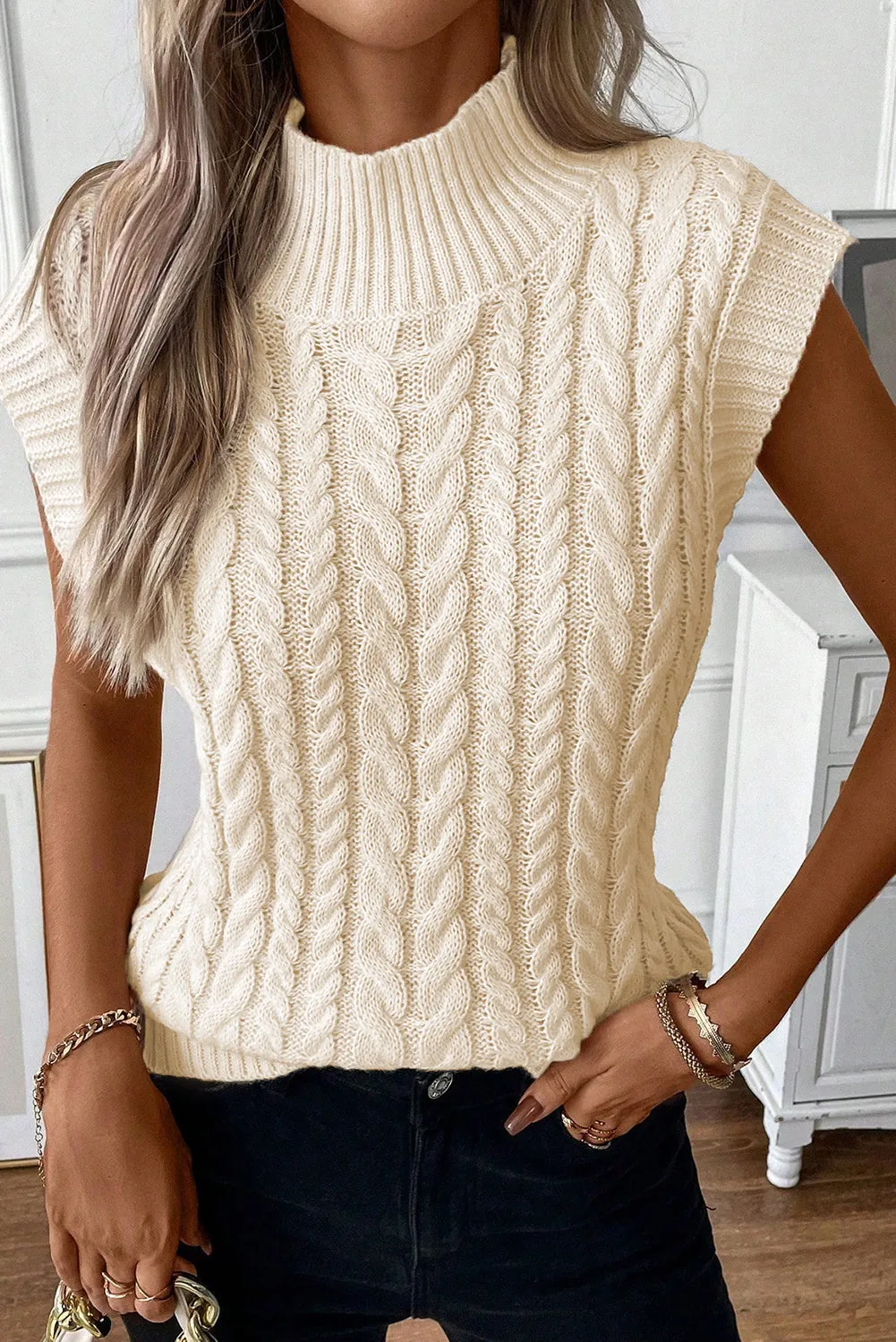 Sylvia Cable Knit High Neck Sweater Vest by Threaded Pear sold by Zulily product image thumbnail 3