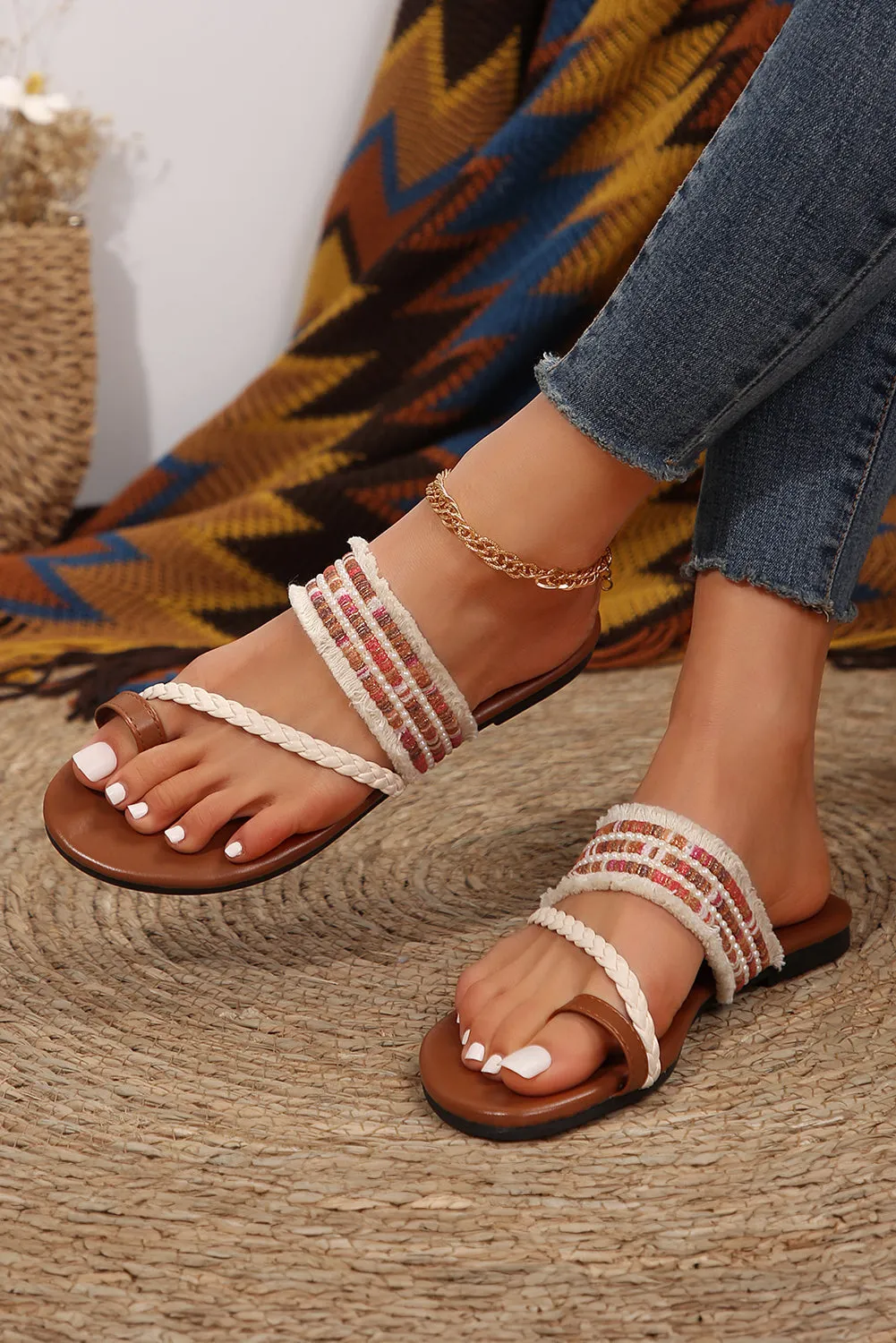 Beaded Embroidered Braided Strap Thong Slippers by Threaded Pear sold by Zulily product image thumbnail 2