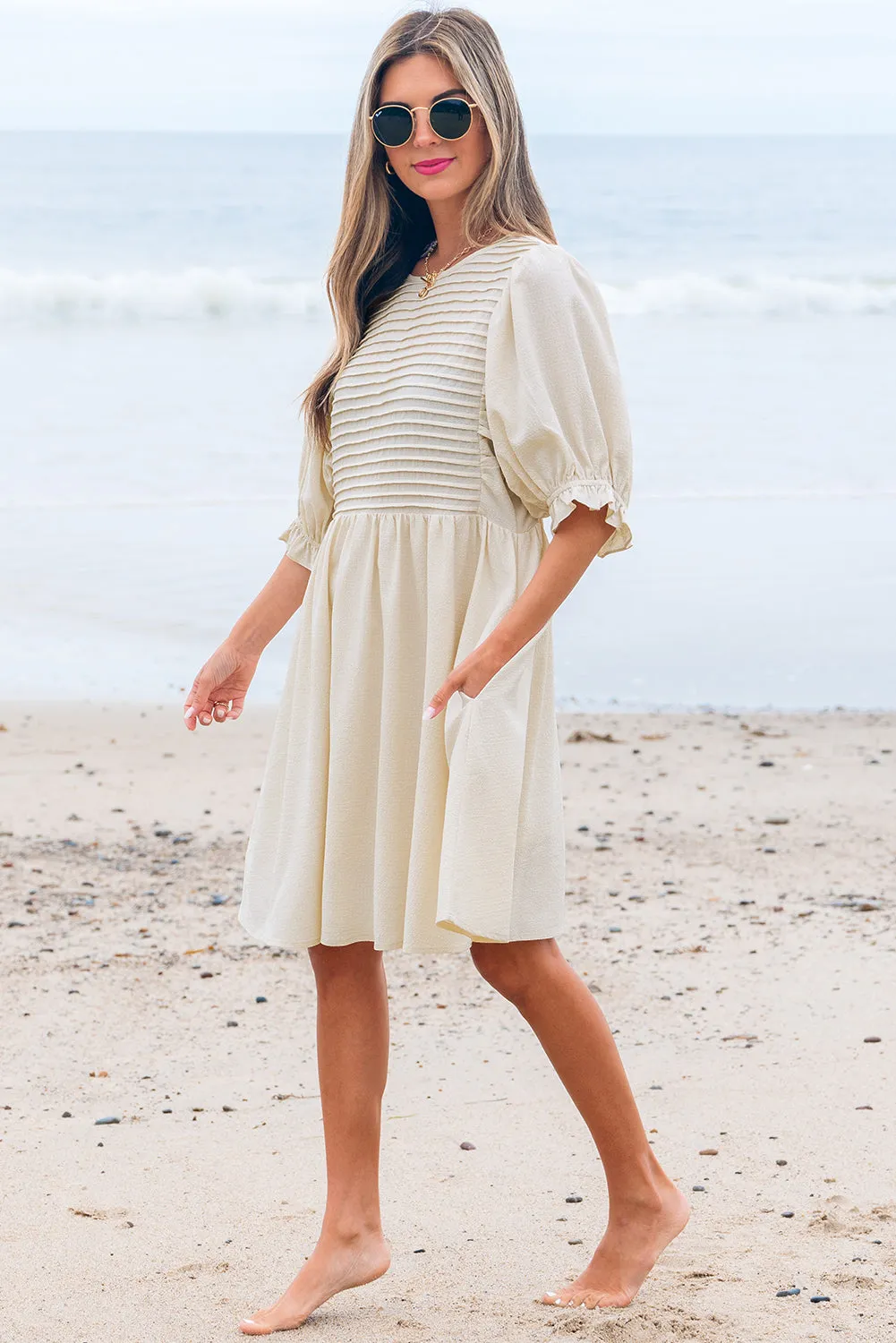 Dania Textured Ruffled Puff Sleeve Loose Dress by Threaded Pear sold by Zulily product image thumbnail 3