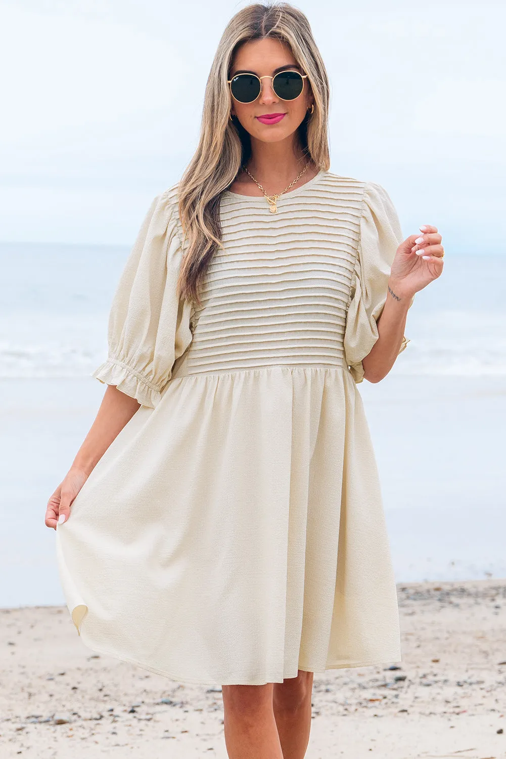 Dania Textured Ruffled Puff Sleeve Loose Dress by Threaded Pear sold by Zulily product image thumbnail 4