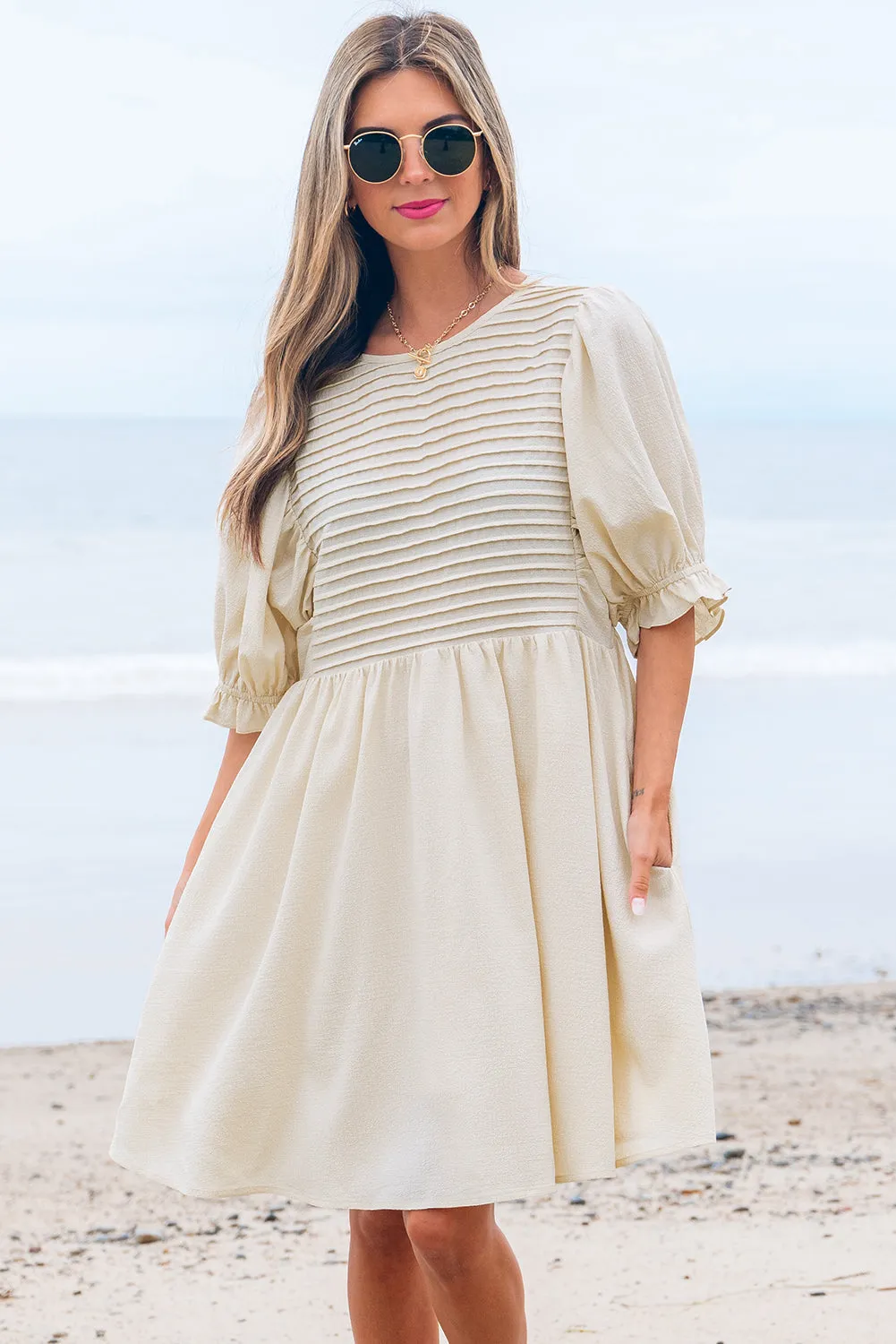 Dania Textured Ruffled Puff Sleeve Loose Dress by Threaded Pear sold by Zulily product image thumbnail 5
