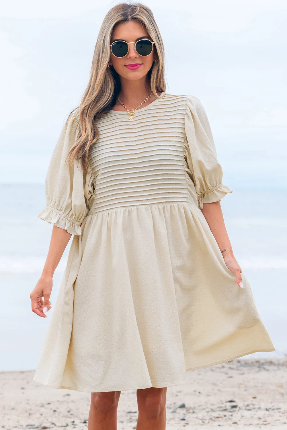 Dania Textured Ruffled Puff Sleeve Loose Dress by Threaded Pear sold by Zulily