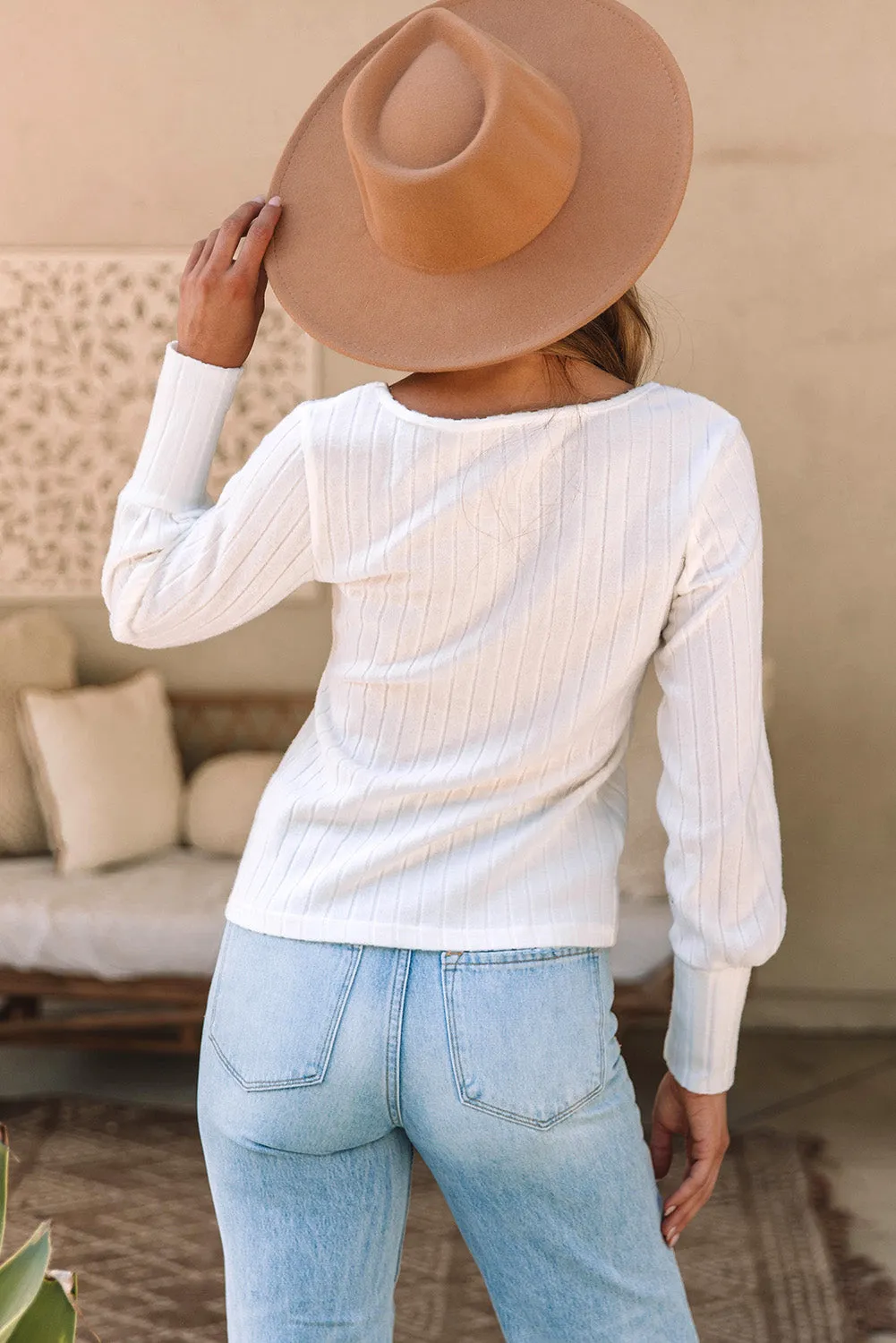 Mabel Ribbed Bishop Sleeve Round Neck Top by Threaded Pear sold by Zulily product image thumbnail 2