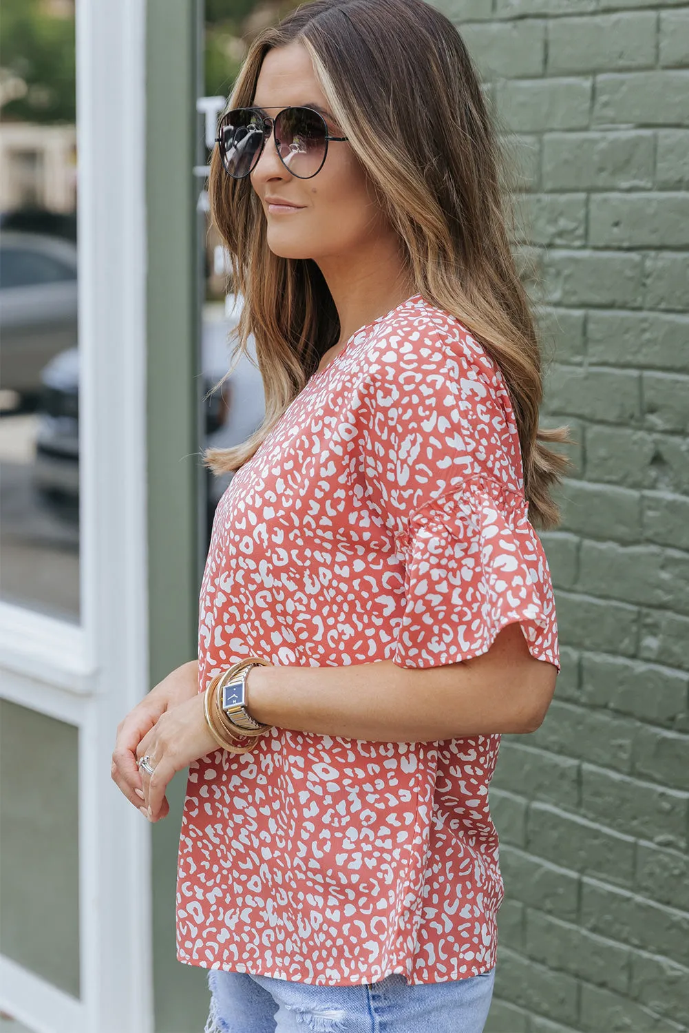 Leah Leopard Spotted Ruffle Sleeve Top by Threaded Pear sold by Zulily product image thumbnail 3