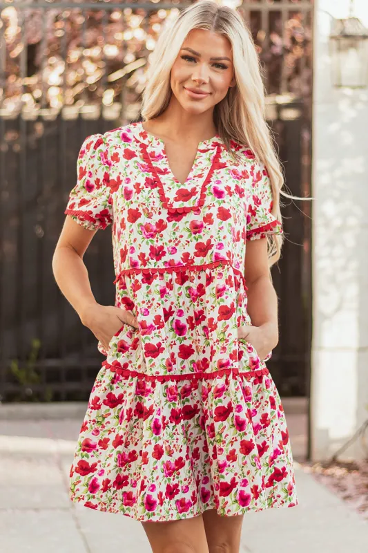 Ruby Floral Puff Sleeve Tiered Ric Rac Pocketed Mini Dress by Threaded Pear sold by Zulily