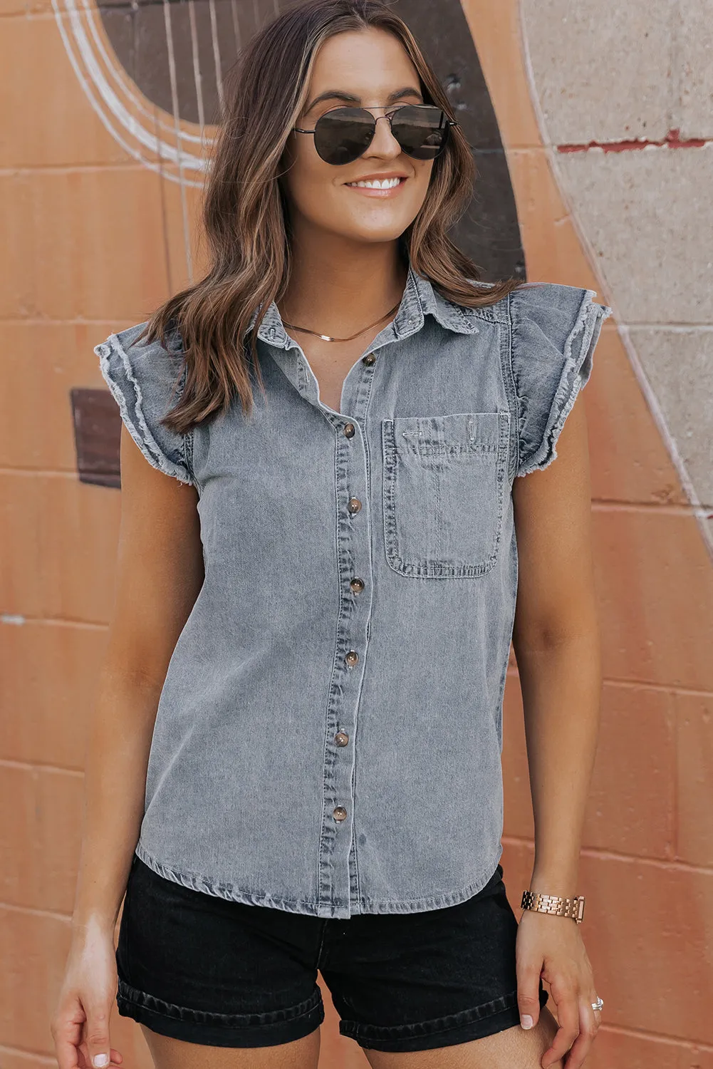 Bridget Frayed Ruffle Sleeve Denim Shirt by Threaded Pear sold by Zulily product image thumbnail 4