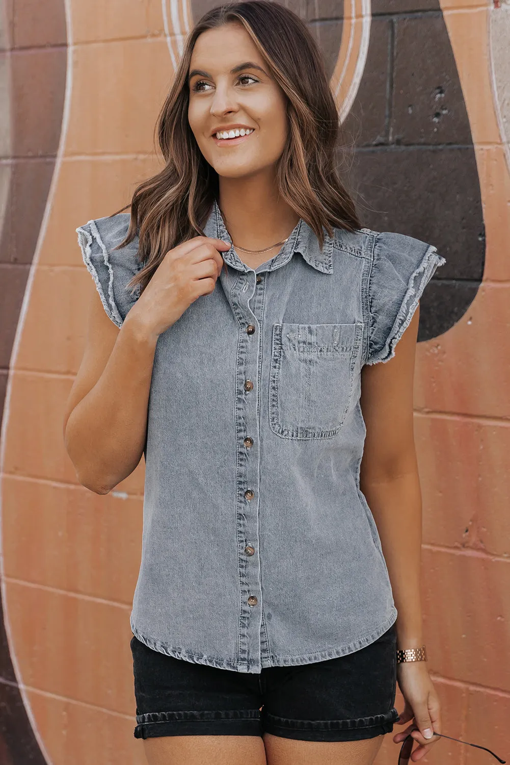 Bridget Frayed Ruffle Sleeve Denim Shirt by Threaded Pear sold by Zulily product image thumbnail 5