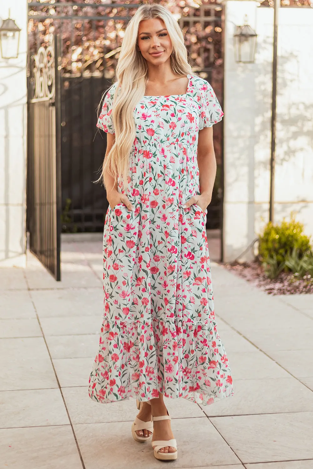 Molly Floral Square Neck Empire Waist Tiered Maxi Dress by Threaded Pear sold by Zulily product image thumbnail 4