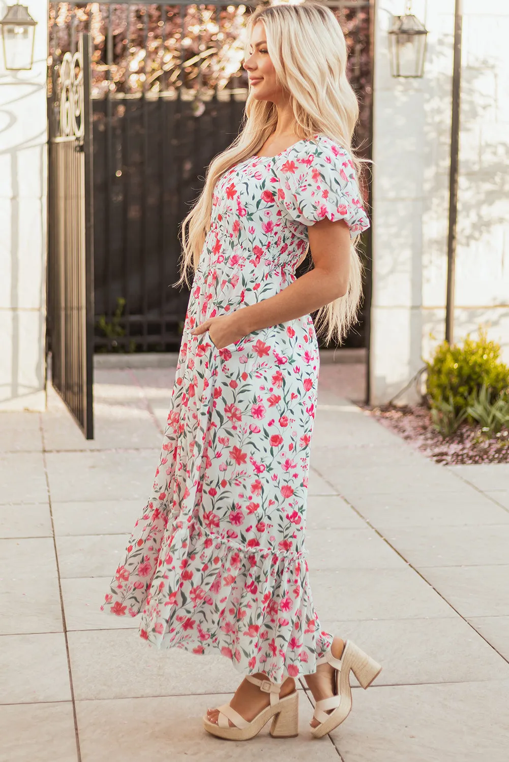 Molly Floral Square Neck Empire Waist Tiered Maxi Dress by Threaded Pear sold by Zulily product image thumbnail 3