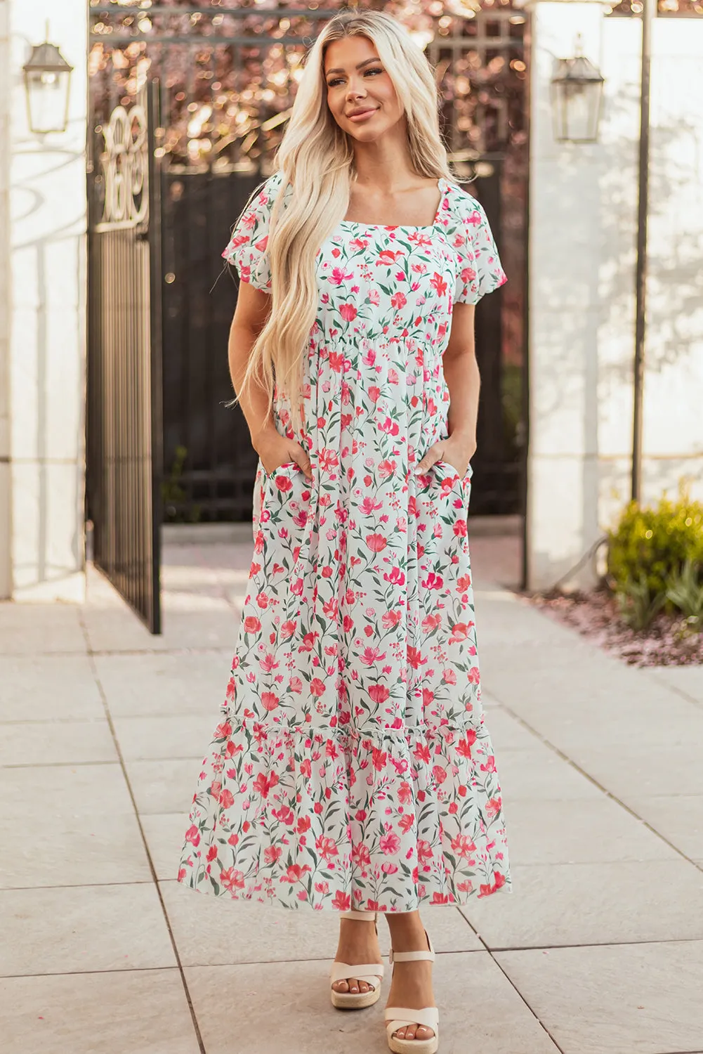 Molly Floral Square Neck Empire Waist Tiered Maxi Dress by Threaded Pear sold by Zulily