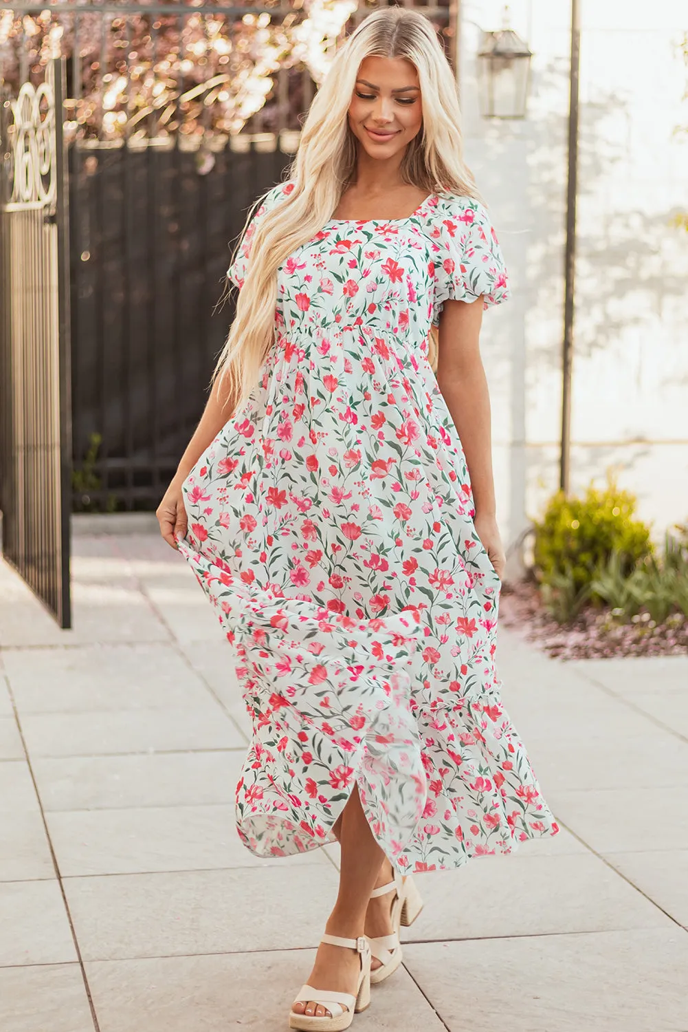 Molly Floral Square Neck Empire Waist Tiered Maxi Dress by Threaded Pear sold by Zulily product image thumbnail 5