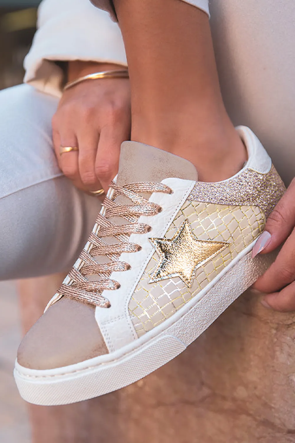 Clare Gold Glitter Star Lace-up Sneakers by Threaded Pear sold by Zulily