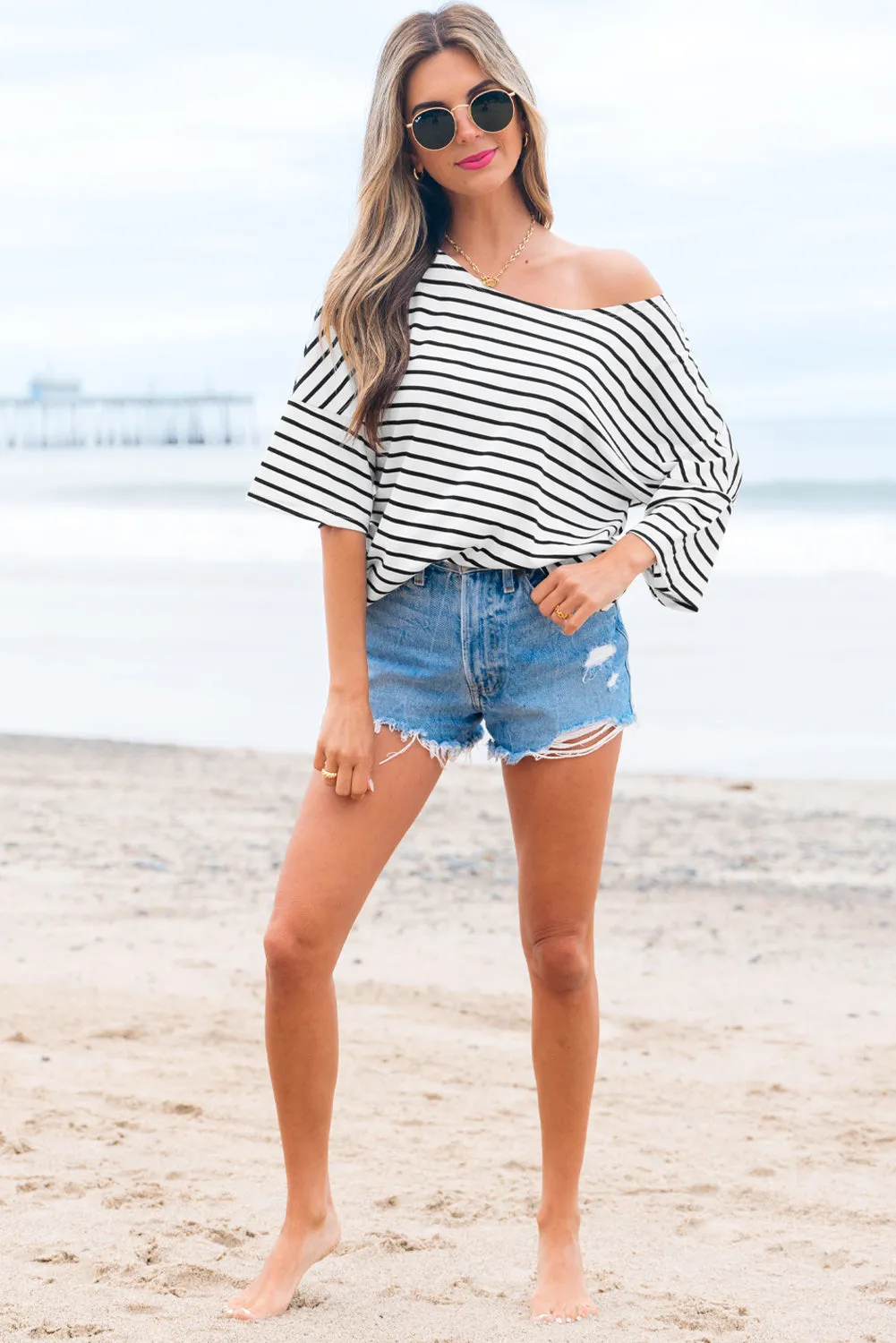 Lilia Stripe Half Sleeve Scoop Neck Loose Top by Threaded Pear sold by Zulily product image thumbnail 5