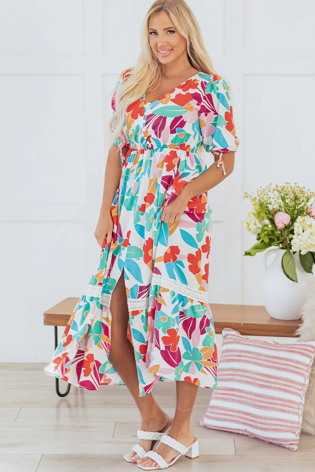 Sky Floral Knot Puff Sleeve Buttoned Front Maxi Dress by Threaded Pear sold by Zulily product image thumbnail 5
