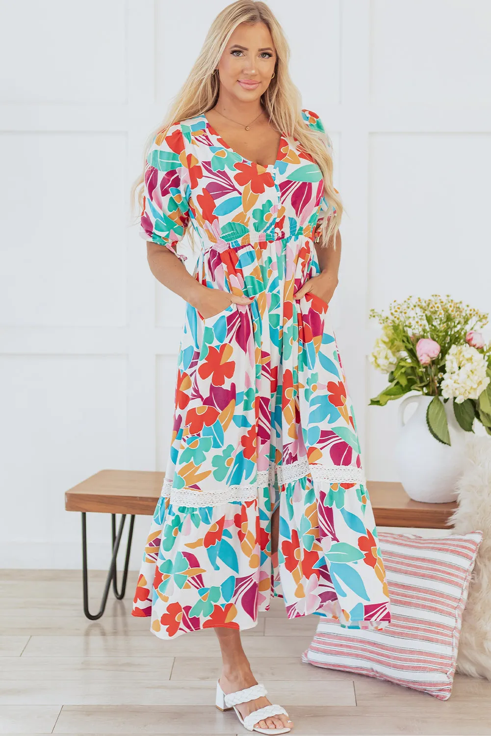 Sky Floral Knot Puff Sleeve Buttoned Front Maxi Dress by Threaded Pear sold by Zulily product image thumbnail 4