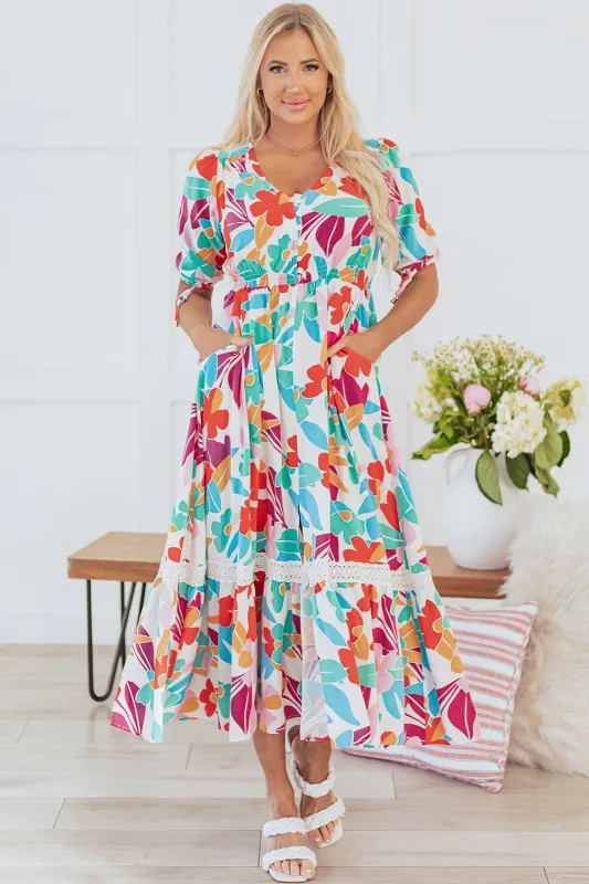 Sky Floral Knot Puff Sleeve Buttoned Front Maxi Dress by Threaded Pear sold by Zulily