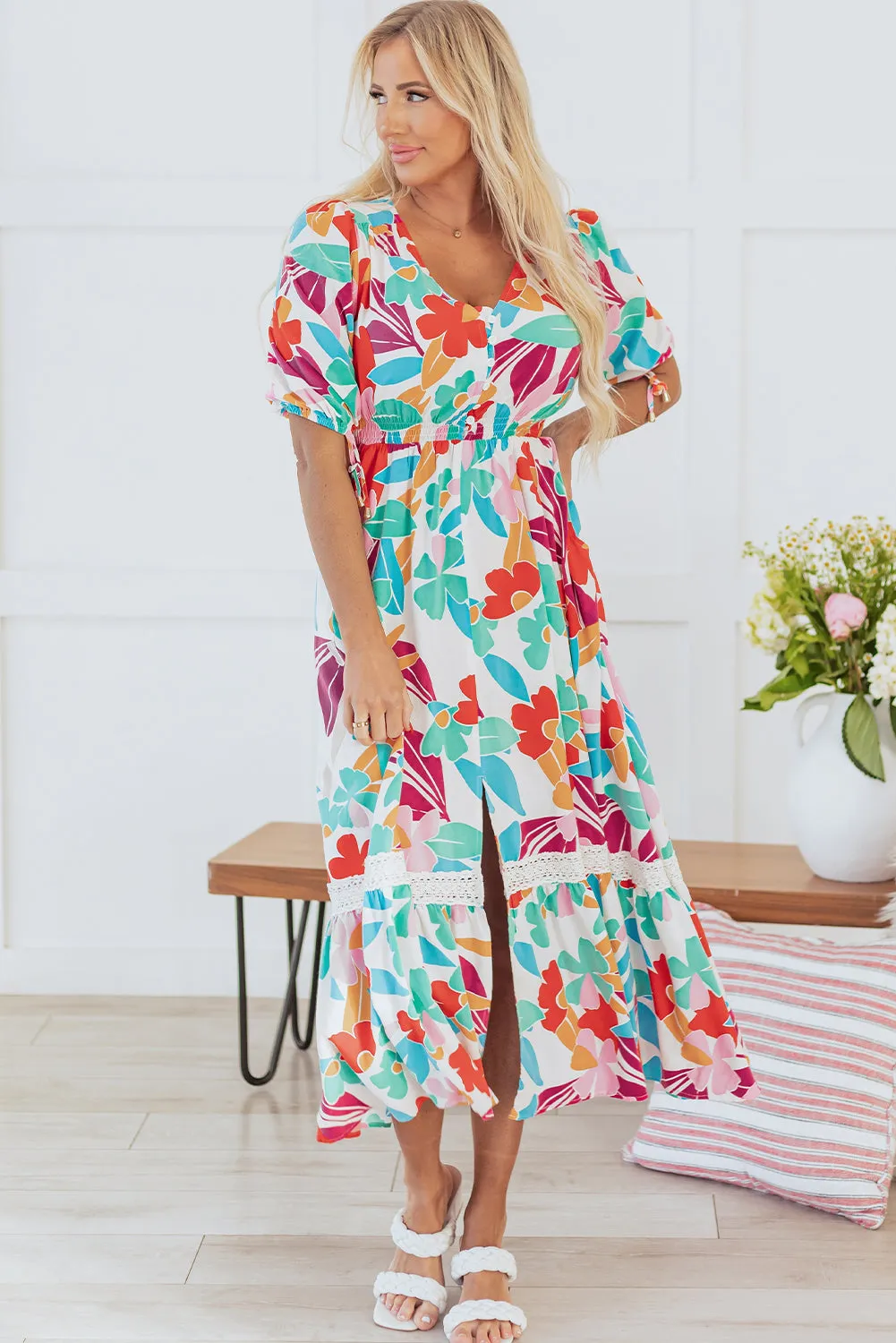Sky Floral Knot Puff Sleeve Buttoned Front Maxi Dress by Threaded Pear sold by Zulily product image thumbnail 3