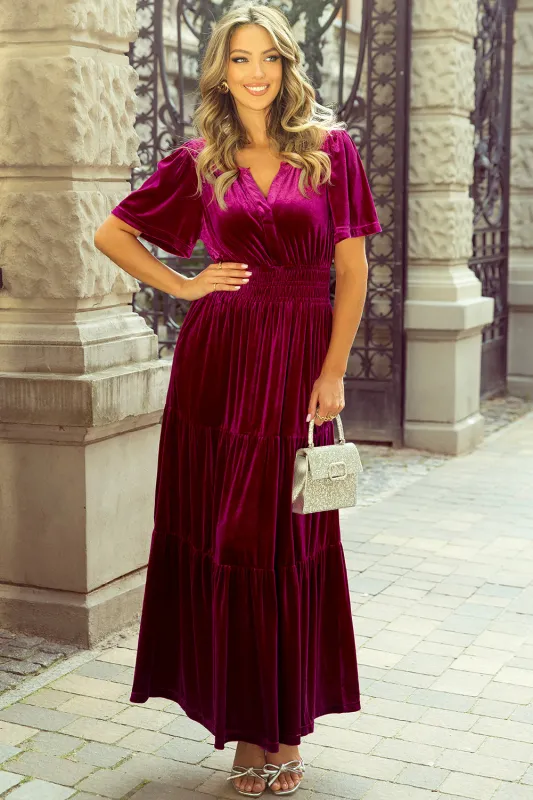 Katherine Velvet Short Sleeve Shirred Waist Tiered Dress by Threaded Pear sold by Zulily