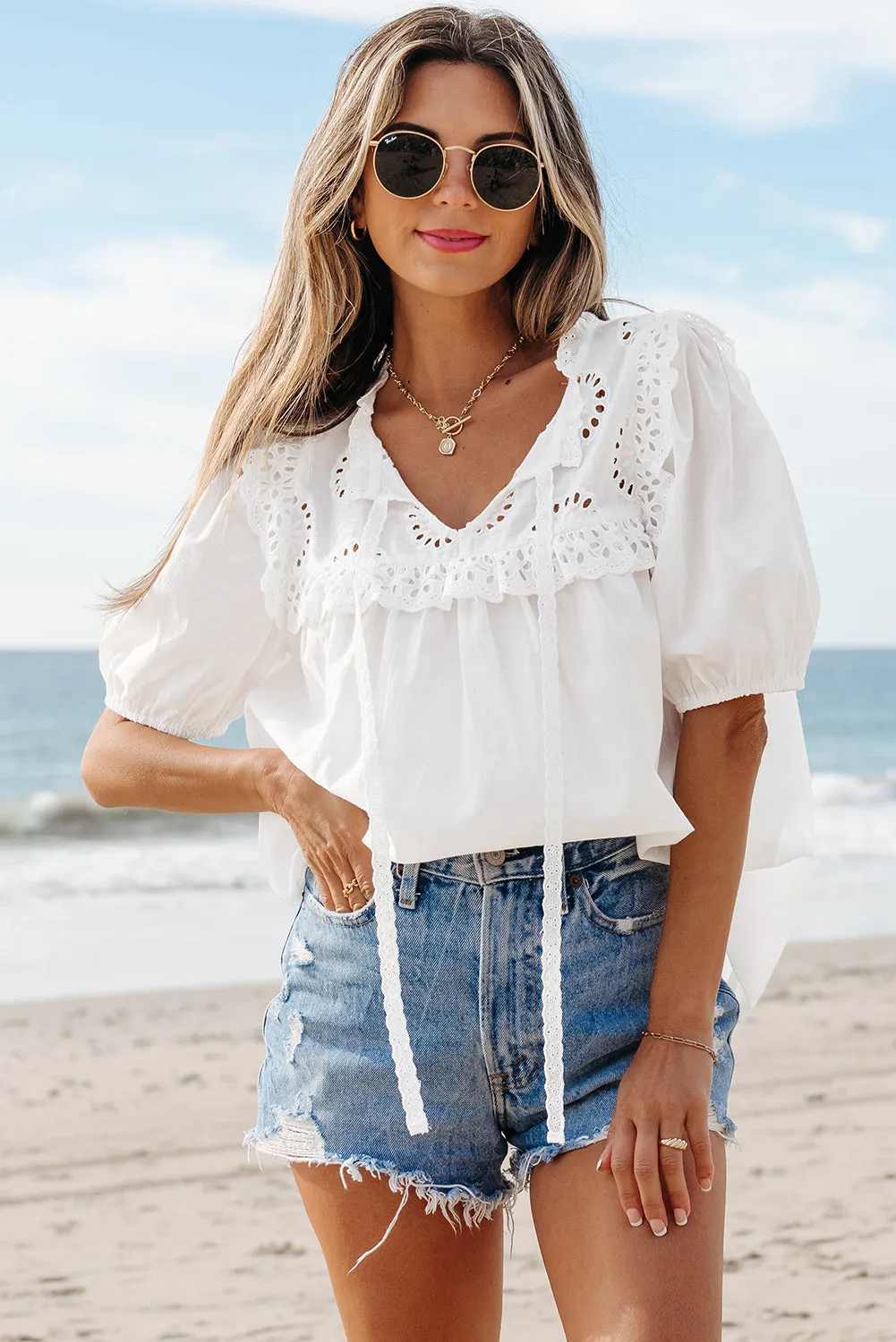 Ivory Embroidered Lace Tie Blouse by Threaded Pear sold by Zulily product image thumbnail 4