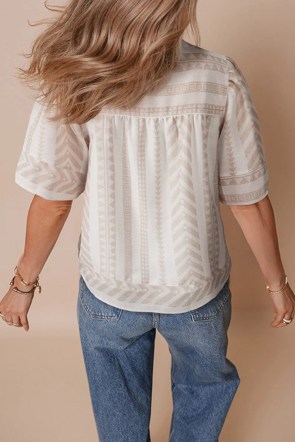 Analia Jacquard Split V Neck Short Sleeve Blouse by Threaded Pear sold by Zulily product image thumbnail 2
