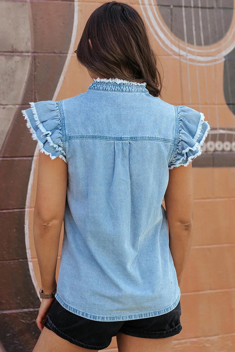 Ashlyn Ruffled Flutter Frayed Denim Top by Threaded Pear sold by Zulily product image thumbnail 2