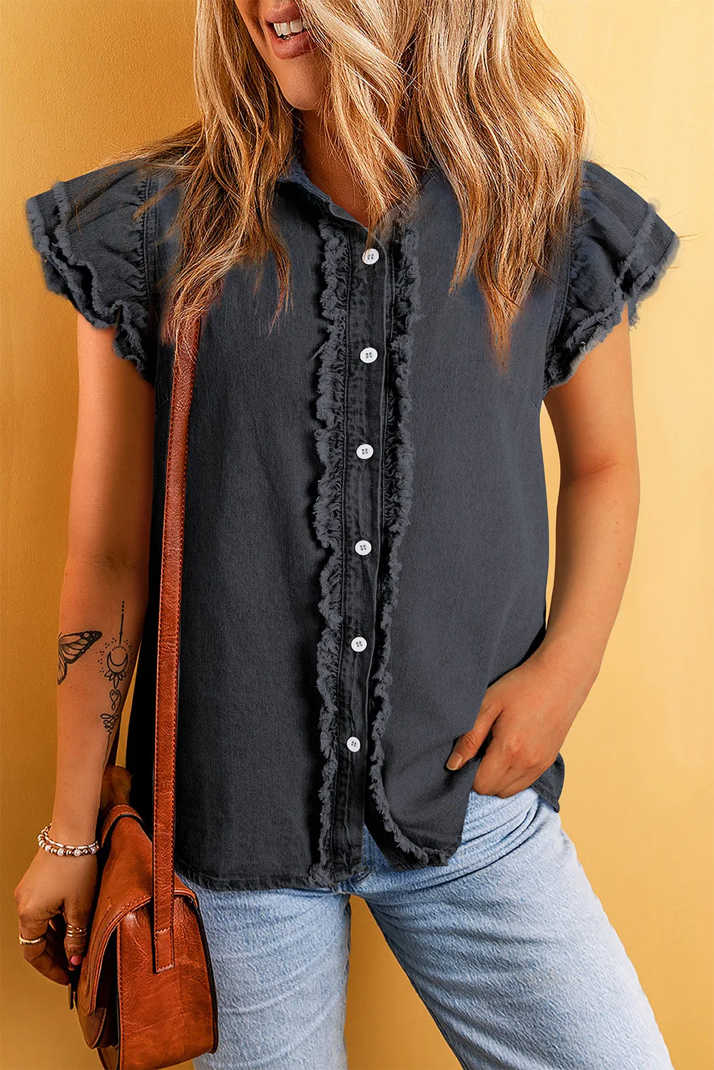 Ashlyn Ruffled Flutter Frayed Denim Top by Threaded Pear sold by Zulily product image thumbnail 4