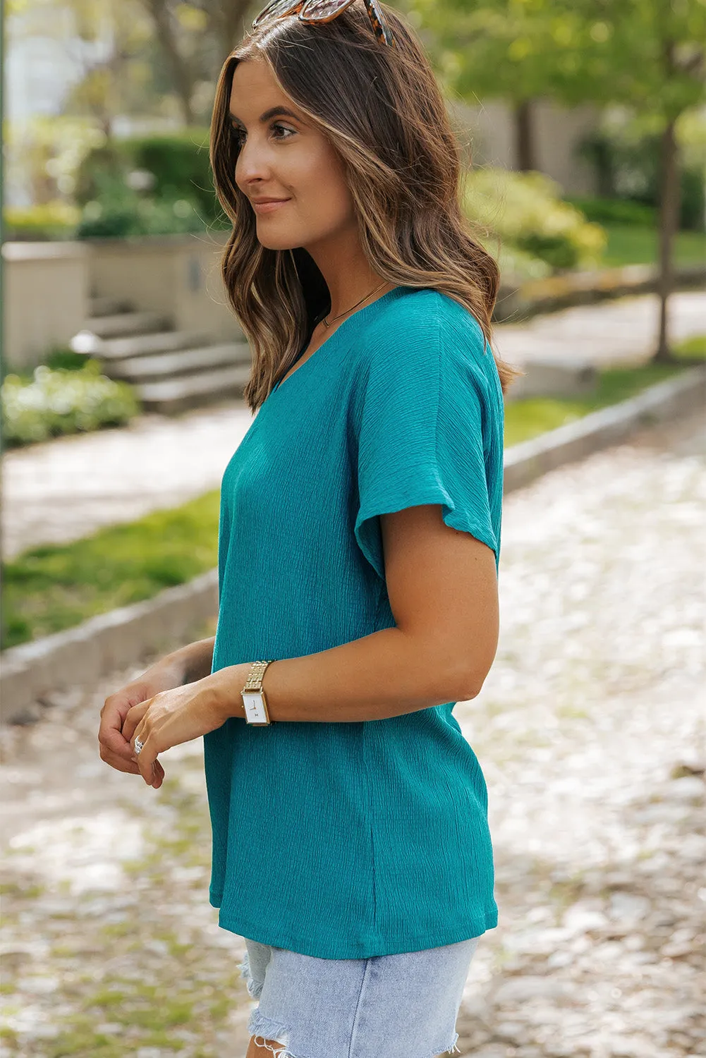 Emerson Crinkled V Neck Wide Sleeve Top by Threaded Pear sold by Zulily product image thumbnail 3