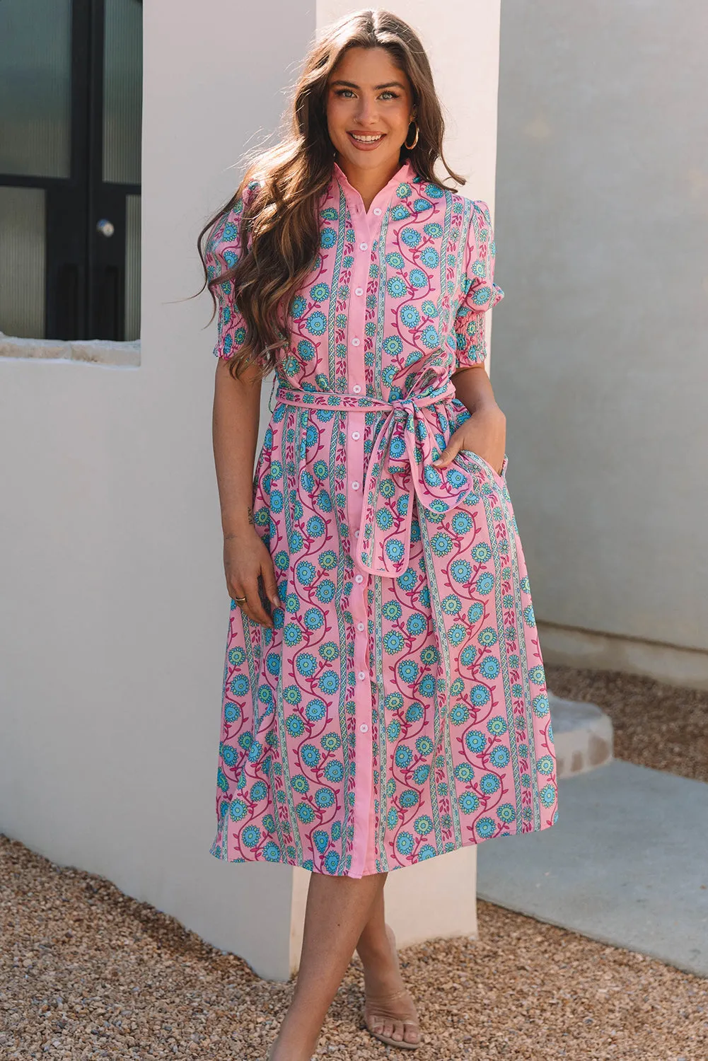 Zariyah Floral Shirred Buttoned Front Midi Dress by Threaded Pear sold by Zulily product image thumbnail 4