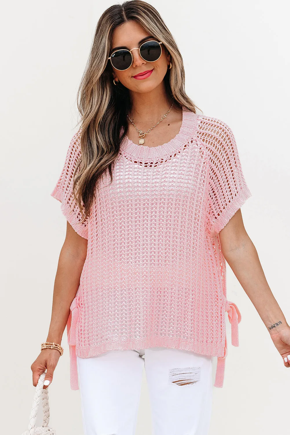 Lettie Hollow-out Crochet Side Tied Short Sleeve Sweater by Threaded Pear sold by Zulily product image thumbnail 4