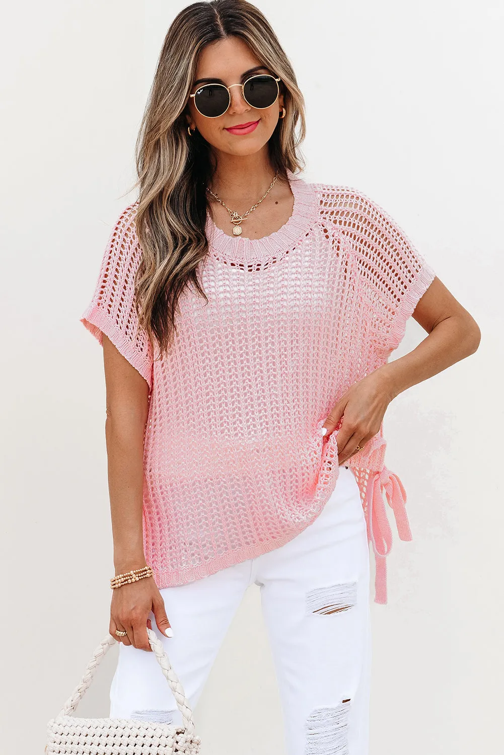 Lettie Hollow-out Crochet Side Tied Short Sleeve Sweater by Threaded Pear sold by Zulily product image thumbnail 5