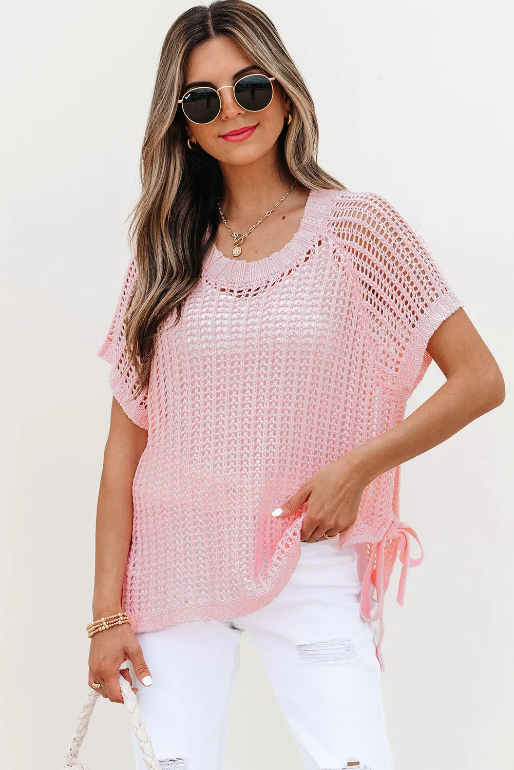 Lettie Hollow-out Crochet Side Tied Short Sleeve Sweater by Threaded Pear sold by Zulily
