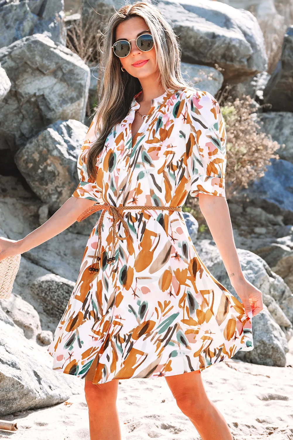 Christina Puff Sleeve Button Up Braided Belt Mini Dress by Threaded Pear sold by Zulily