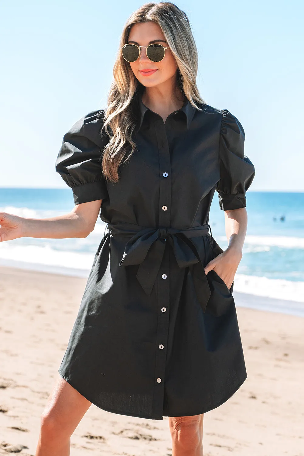 Malaya Button Up Tie Waist Puff Sleeve Mini Dress by Threaded Pear sold by Zulily product image thumbnail 4