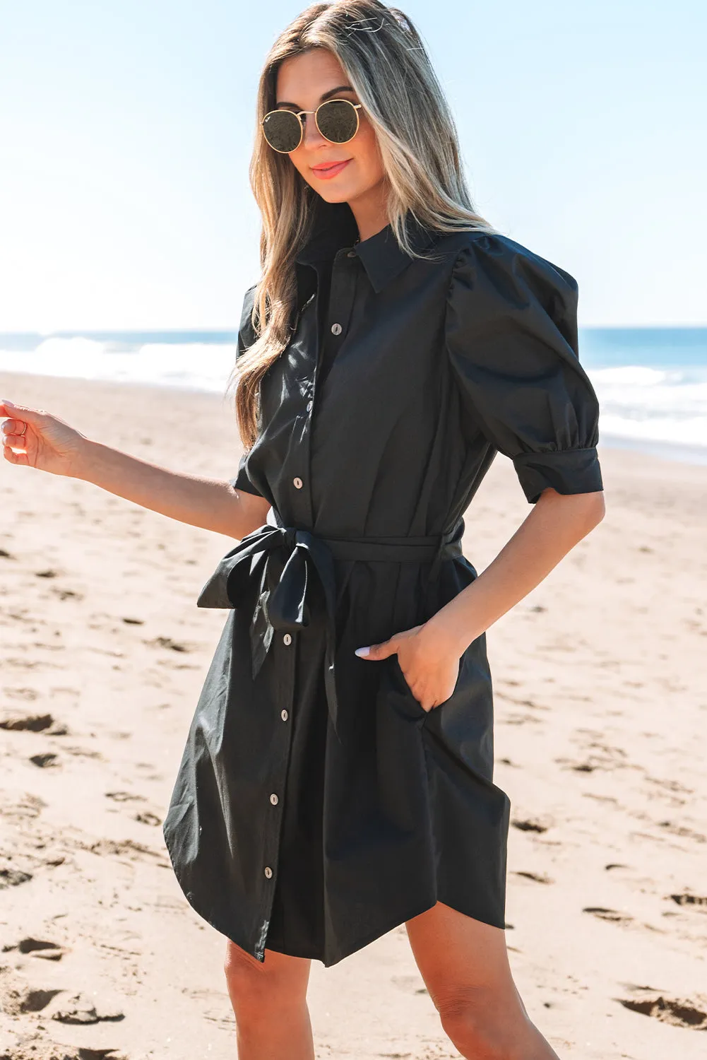 Malaya Button Up Tie Waist Puff Sleeve Mini Dress by Threaded Pear sold by Zulily product image thumbnail 3