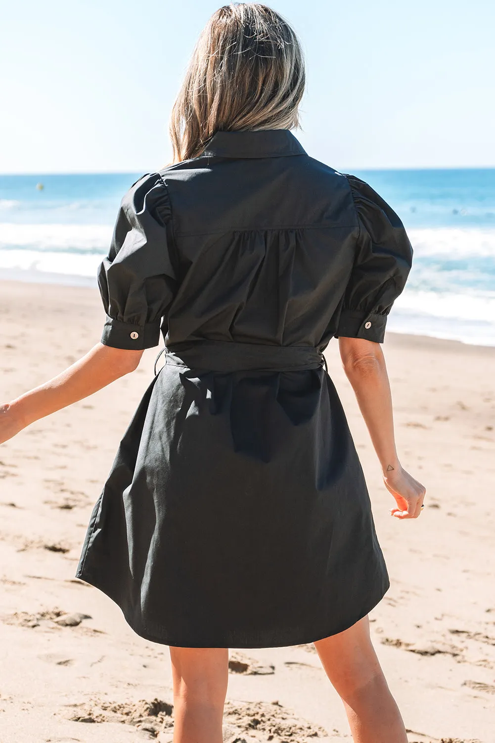 Malaya Button Up Tie Waist Puff Sleeve Mini Dress by Threaded Pear sold by Zulily product image thumbnail 2