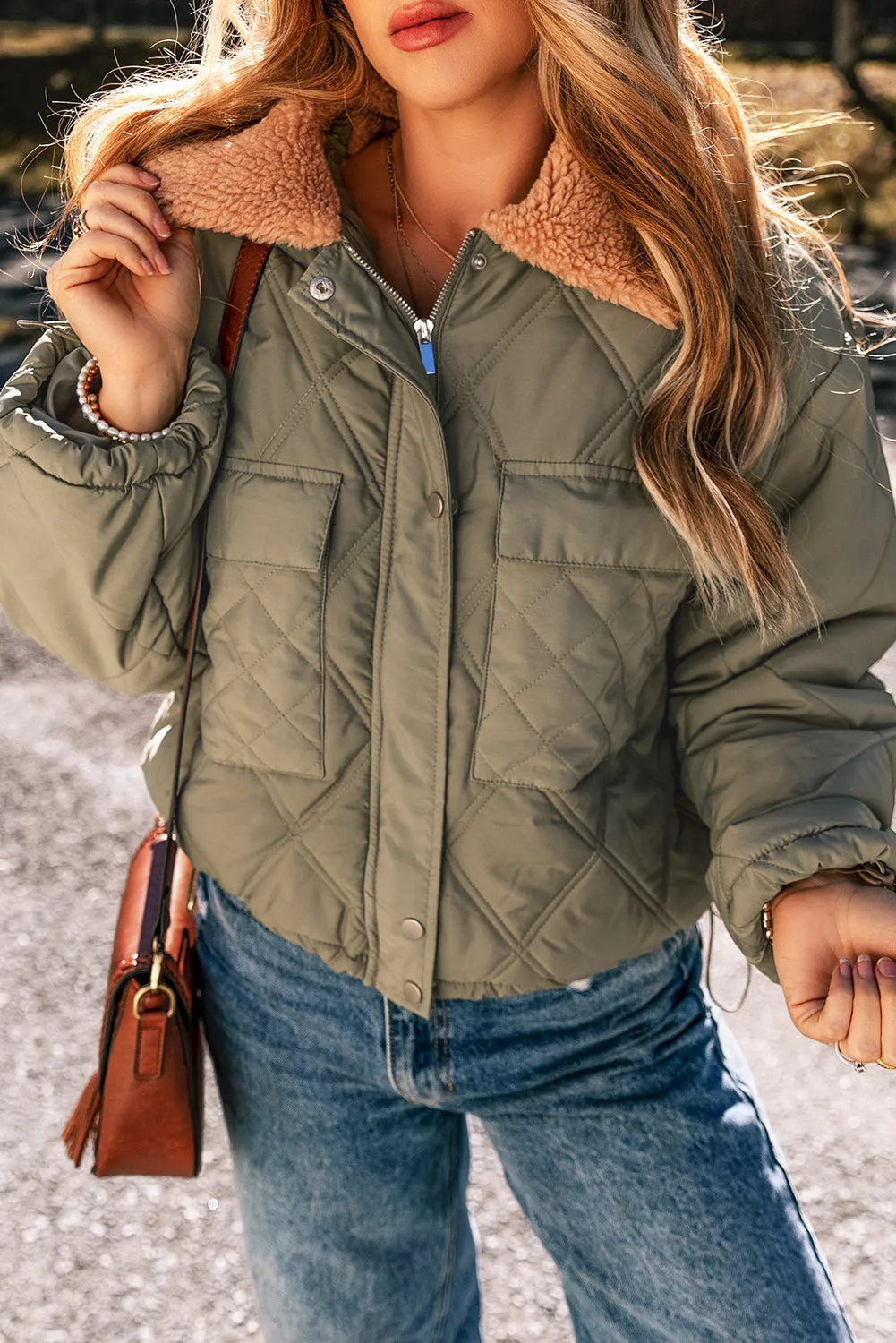 Teddy Collar Flap Pockets Quilted Puffer Jacket by Threaded Pear sold by Zulily product image thumbnail 4